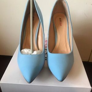 Blue soft fabric baby blue slip on heels 9